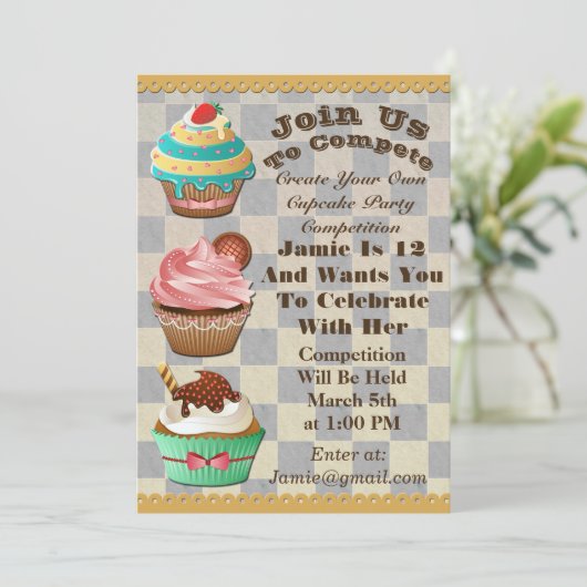 Cupcake Wars Bake off Birthday Checkered Invite Kaart (Staand voorkant)