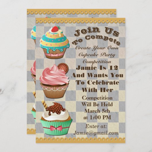 Cupcake Wars Bake off Birthday Checkered Invite Kaart (Voorkant / Achterkant)