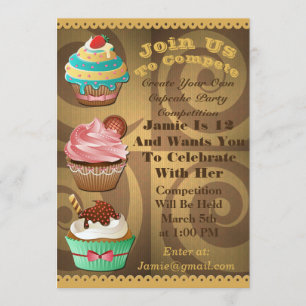 Cupcake Wars Bake off Birthday Gold Swirl Invite Kaart