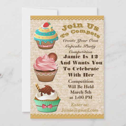 Cupcake Wars Bake off Birthday Laat Swirl Invite Kaart (Voorkant)