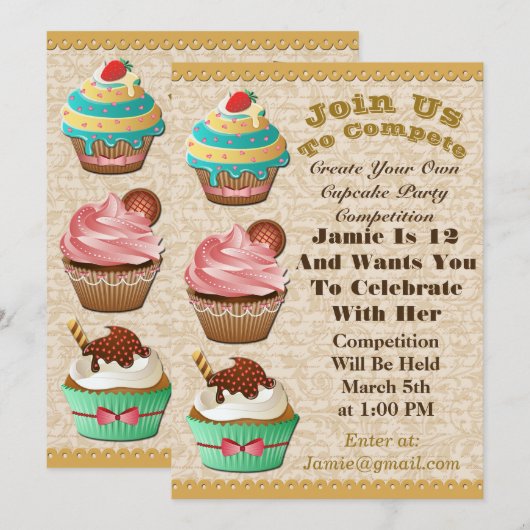 Cupcake Wars Bake off Birthday Laat Swirl Invite Kaart (Voorkant / Achterkant)