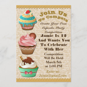 Cupcake Wars Bake off Birthday Laat Swirl Invite Kaart