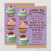 Cupcake Wars Bake off Birthday Paars Invite Kaart (Voorkant / Achterkant)