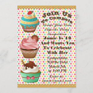 Cupcake Wars Bake off Birthday Polka Dot Invite Kaart