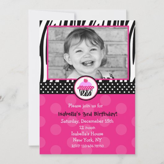 Cupcake Zebra Print Birthday party uitnodigingen (Voorkant)