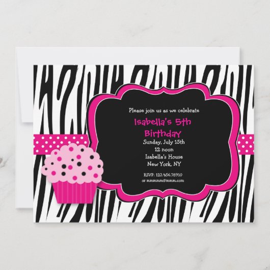 Cupcake Zebra Print Birthday party uitnodigingen (Voorkant)