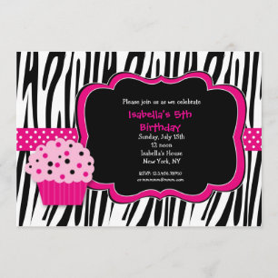 Cupcake Zebra Print Birthday party uitnodigingen