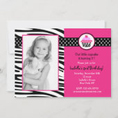 Cupcake Zebra Print Photo Birthday Invitting Kaart (Voorkant)
