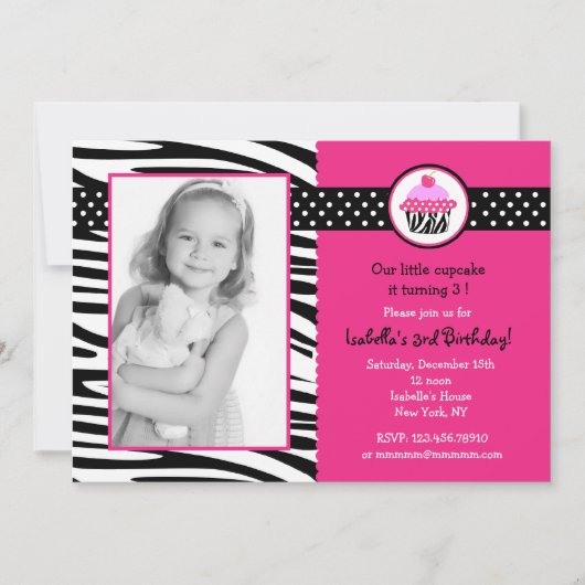 Cupcake Zebra Print Photo Birthday Invitting Kaart (Voorkant)