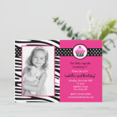 Cupcake Zebra Print Photo Birthday Invitting Kaart (Staand voorkant)