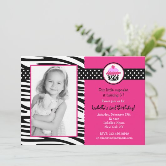 Cupcake Zebra Print Photo Birthday Invitting Kaart (Staand voorkant)