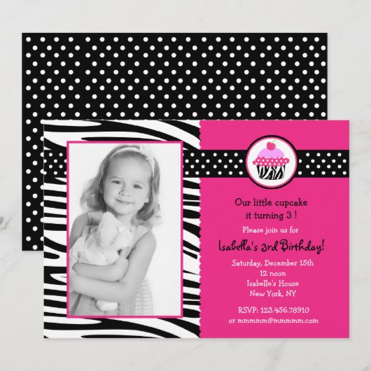 Cupcake Zebra Print Photo Birthday Invitting Kaart (Voorkant / Achterkant)