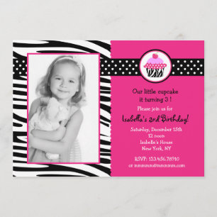 Cupcake Zebra Print Photo Birthday Invitting Kaart