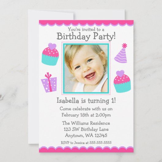 Cupcakes 1st Birthday Girl Fotouitnodiging Kaart (Voorkant)
