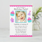 Cupcakes 1st Birthday Girl Fotouitnodiging Kaart (Staand voorkant)