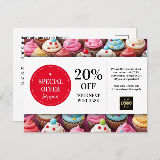 Cupcakes Bakkerij Bakker Custom Coupon Korting Briefkaart (Voorkant / Achterkant)
