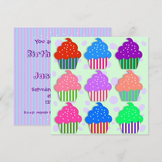 Cupcakes Birthday Party Invitation Sjabloon Kaart (Voorkant / Achterkant)