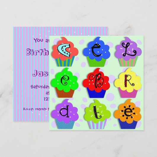 Cupcakes Birthday Party Invitation Sjabloon Kaart (Voorkant / Achterkant)