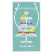 Cupcakes Cake Stand Blauwgroen Happy Birthday Klein Cadeauzakje (Achterkant)