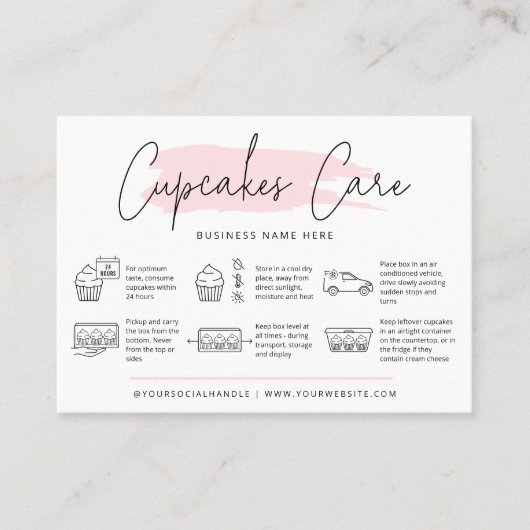 Cupcakes Care Instructies Blush Roze Waterverf Visitekaartje (Voorkant)