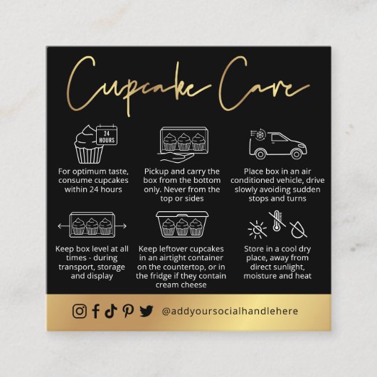Cupcakes Care Instructies Zwart & Goud Logo Vierkante Visitekaartje (Voorkant)