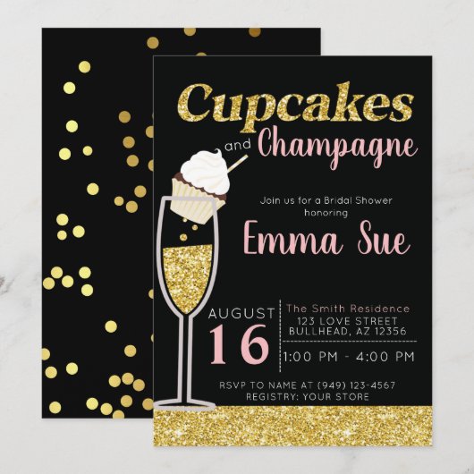 Cupcakes & Champagne Black & Gold Vrijgezellenfees Kaart (Voorkant / Achterkant)