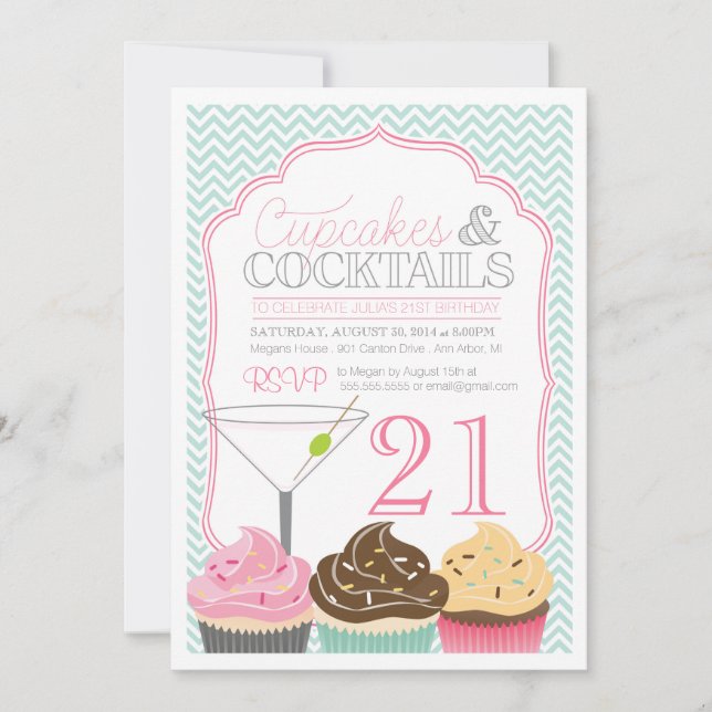 Cupcakes & Cocktails Adult Birthday Invitation Kaart (Voorkant)