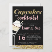 Cupcakes & Cocktails Black & Gold Vrijgezellenfees Kaart (Voorkant)