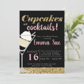 Cupcakes & Cocktails Black & Gold Vrijgezellenfees Kaart (Staand voorkant)