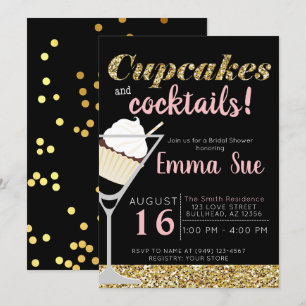 Cupcakes & Cocktails Black & Gold Vrijgezellenfees Kaart