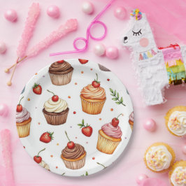 Cupcakes en aardbeien papieren bordje
