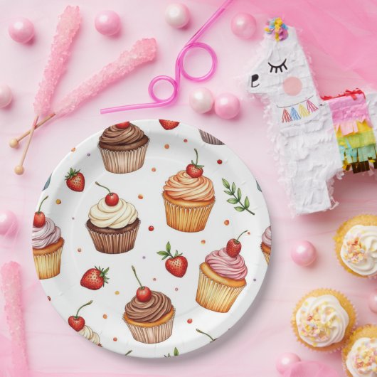 Cupcakes en aardbeien papieren bordje (Feest)