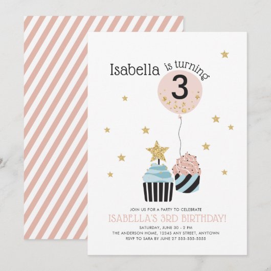 Cupcakes en ballon | Faux Glitter Child's Birthday Kaart (Voorkant / Achterkant)