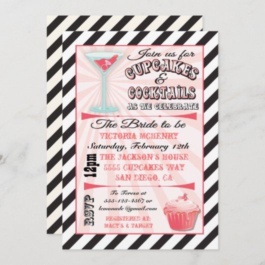Cupcakes en Cocktails Bridal Shower Invitations Kaart (Voorkant / Achterkant)