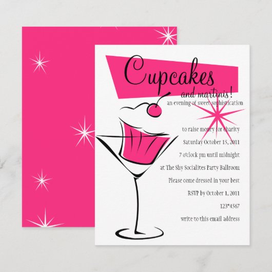 Cupcakes en Martinis in Hot Pink Kaart (Voorkant / Achterkant)