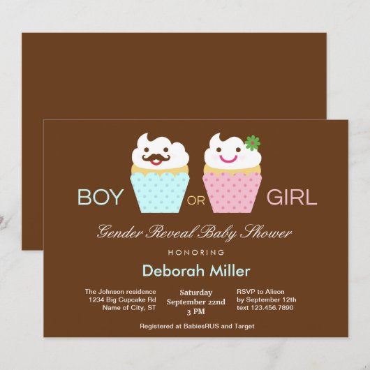 Cupcakes Gender onthullen Baby shower Kaart (Voorkant / Achterkant)