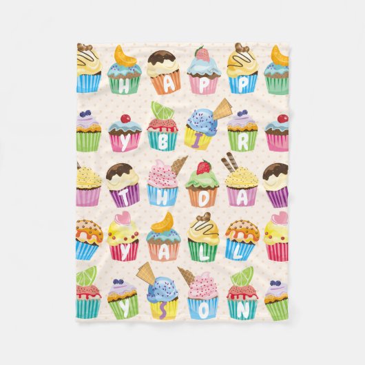 Cupcakes Happy Birthday Voeg Jouw naam Cute Goodie Fleece Deken (Voorkant)