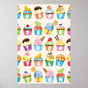 Cupcakes Happy Birthday Voeg Jouw naam Cute Goodie Poster