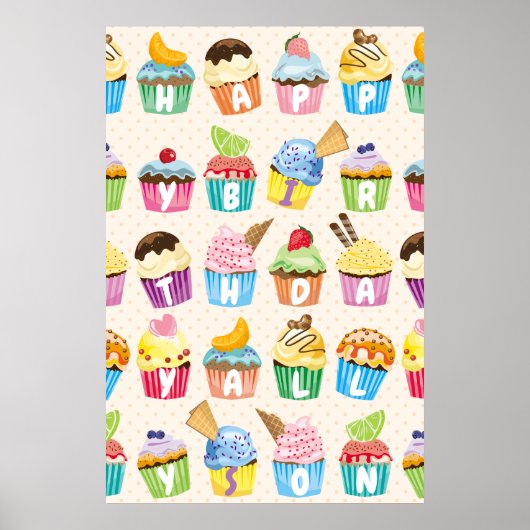 Cupcakes Happy Birthday Voeg Jouw naam Cute Goodie Poster (Voorkant)