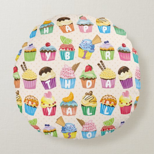 Cupcakes Happy Birthday Voeg Jouw naam Cute Goodie Rond Kussen (Voorkant)