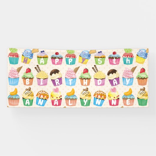 Cupcakes Happy Birthday Voeg Jouw naam Cute Goodie Spandoek (Horizontaal)
