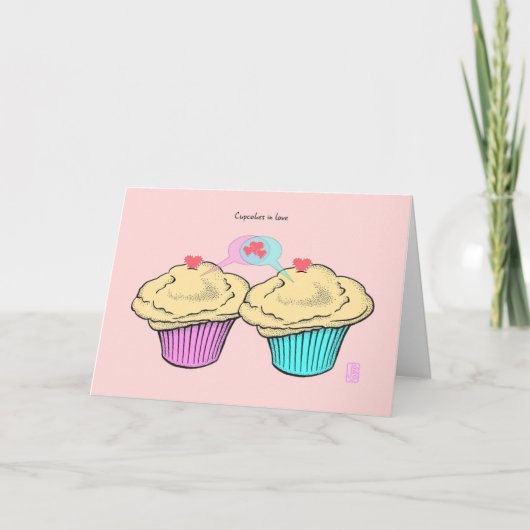 Cupcakes in Love CustardCustardPinkBlue Valentijn Kaart (Voorkant)