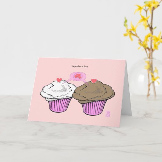 Cupcakes in Love VanillaChocoPinkRoze Valentijn Kaart (Gele Bloem)