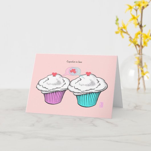 Cupcakes in Love VanillaRozeBlauw Valentijn Kaart (Gele Bloem)