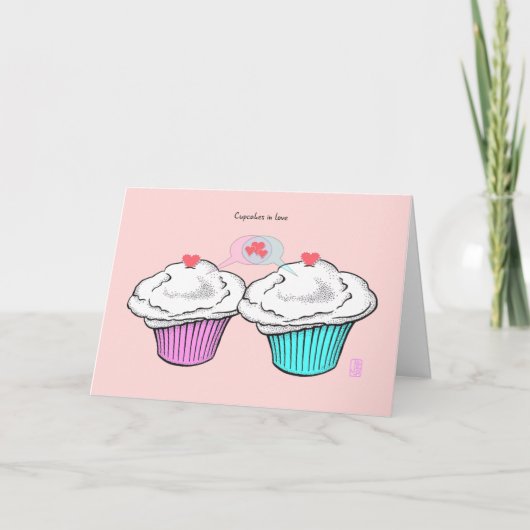 Cupcakes in Love VanillaRozeBlauw Valentijn Kaart (Voorkant)