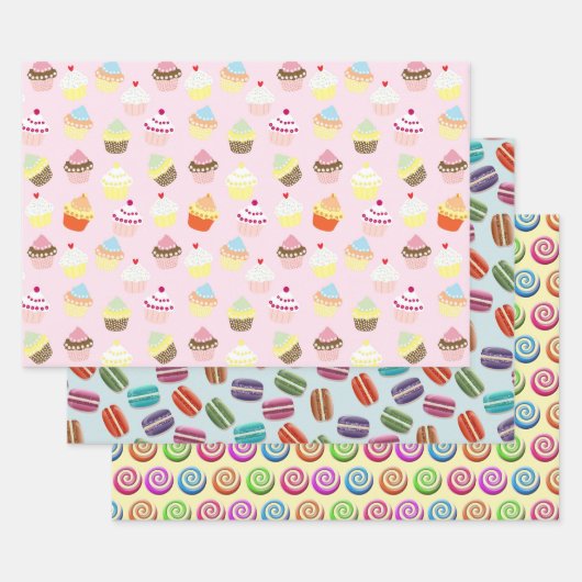 Cupcakes Macaroons en Snoep Swirls Patronen Inpakpapier Vel (Set)
