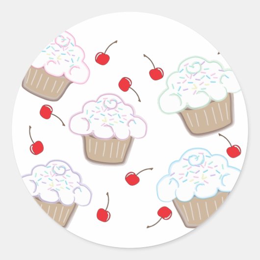 Cupcakes met Pastel Sprinkles & Kersen Ronde Sticker (Voorkant)