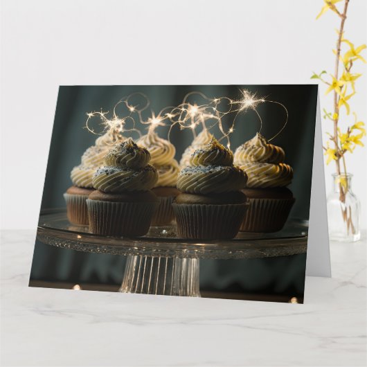 Cupcakes met vonken op een dienblad kaart (Gele Bloem)