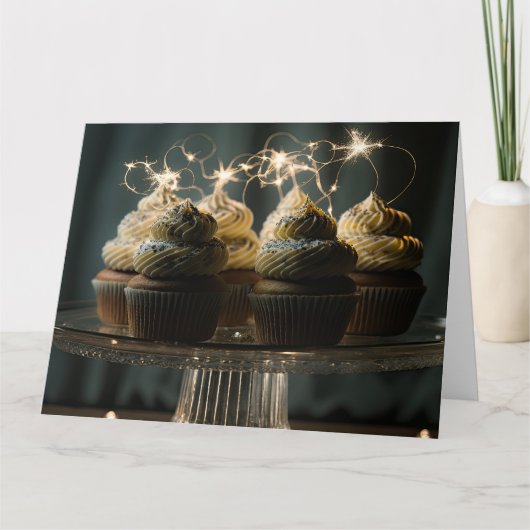 Cupcakes met vonken op een dienblad kaart (Voorkant)