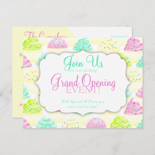 Cupcakes N Sprinkles Custom Grand Opening Briefkaa Uitnodiging Briefkaart (Voorkant / Achterkant)